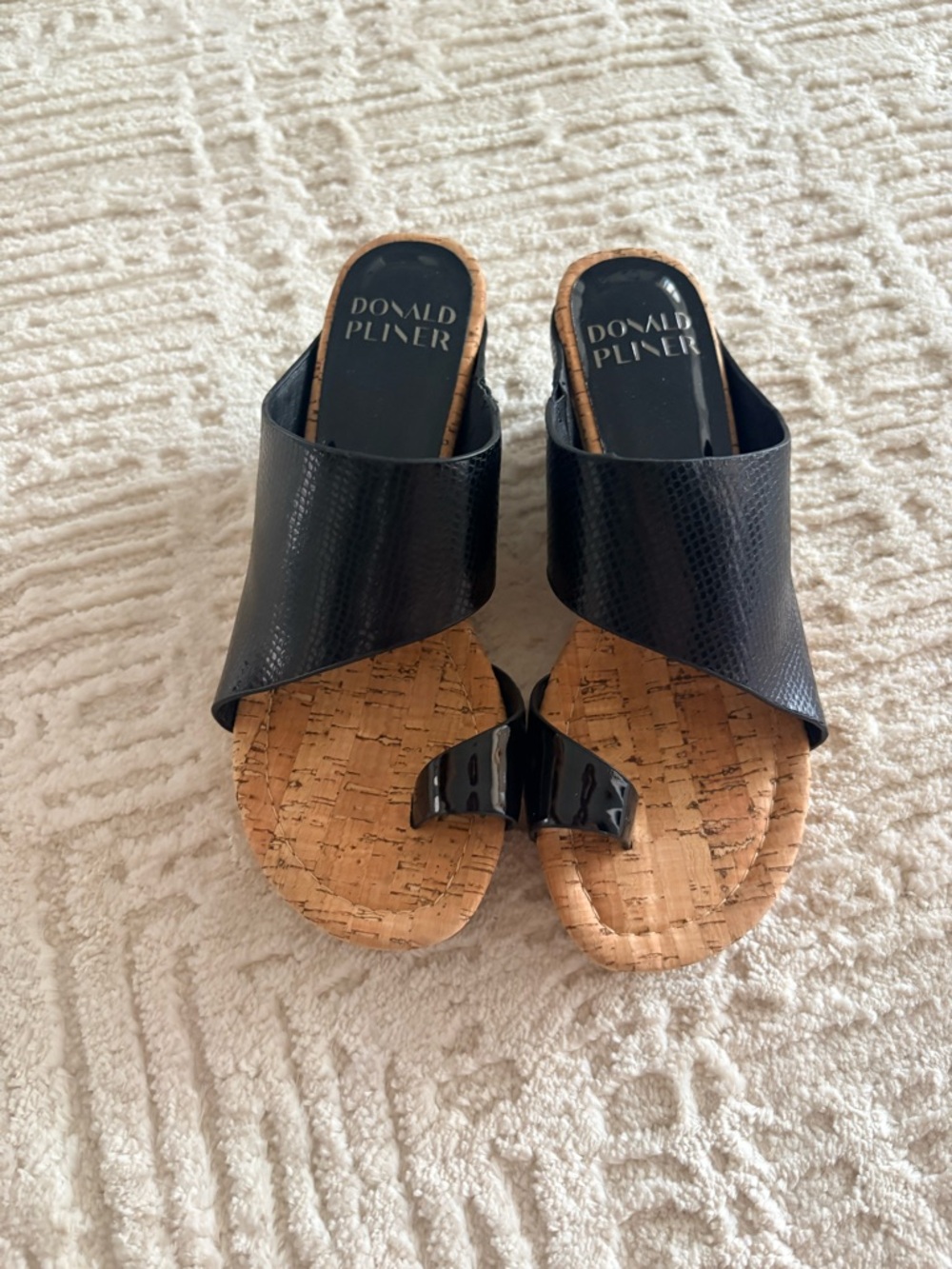 Donald J. Pliner Black Cork Toe-Ring Slide Sandals with Textured Upper